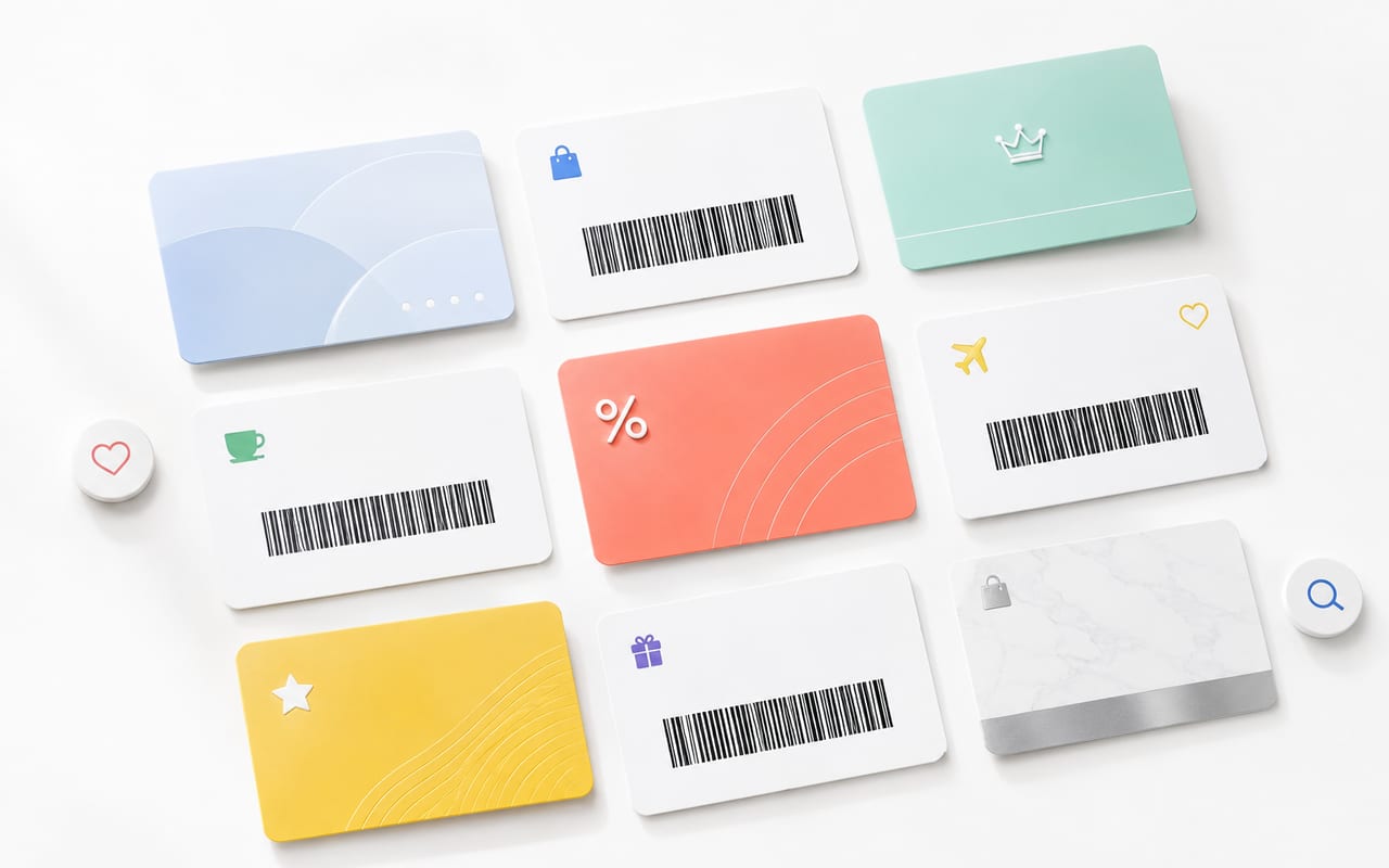 Generic loyalty cards and barcode cards arranged for a loyalty cards app