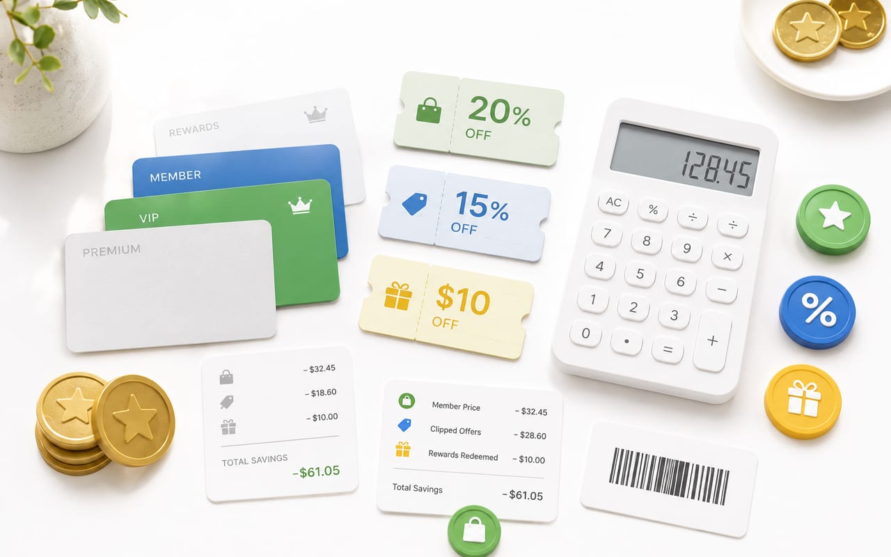 Loyalty card savings calculator with cards, receipts, and discount tokens